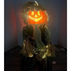 Vintage Trendmasters 48" Fiber Optic Color Changing Pumpkin Head Scarecrow EUC